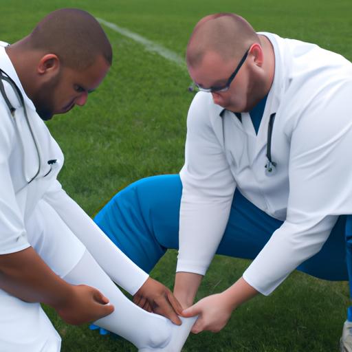 Chuyên gia y tế kiểm tra chân của cầu thủ đá bóng.