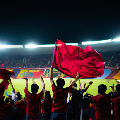 Các fan cổ vũ và vẫy cờ trong sân Mỹ Đình trong một trận đấu bóng đá.