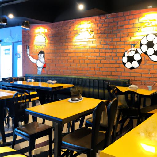 Không gian nhậu thoải mái và rộng rãi, trang trí đầy đủ hình ảnh bóng đá tại quán nhậu xem bóng đá tphcm