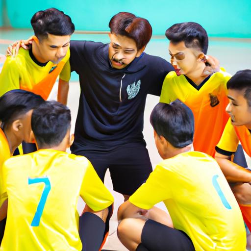 Nhóm cầu thủ futsal thảo luận về chiến thuật trong trận đấu hiệp phụ futsal.