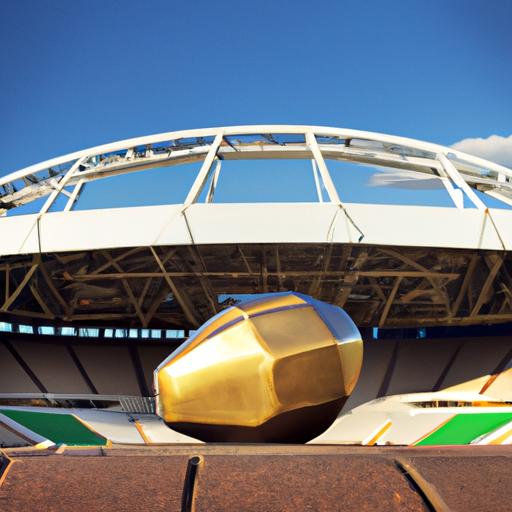 Sân bóng đá với một quả bóng vàng lớn ở giữa trung tâm.