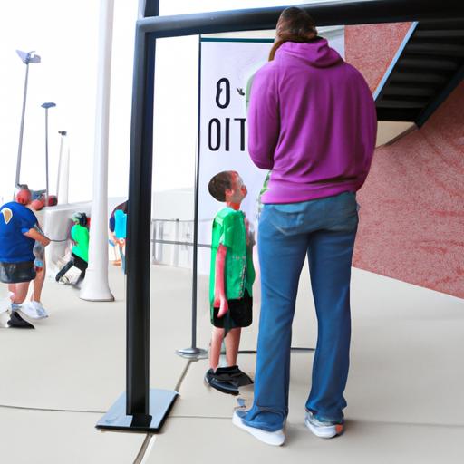 Trẻ em được đo chiều cao tại cổng vào sân vận động