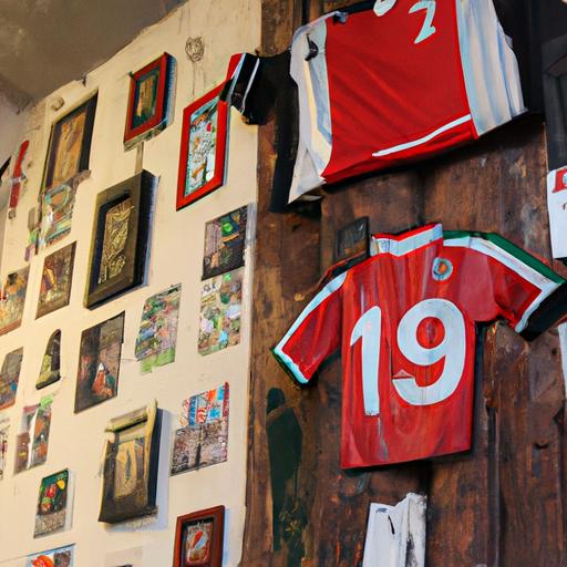 Tường được trang trí bằng áo bóng đá và đồ đạc liên quan tại quán cafe ở Hà Nội