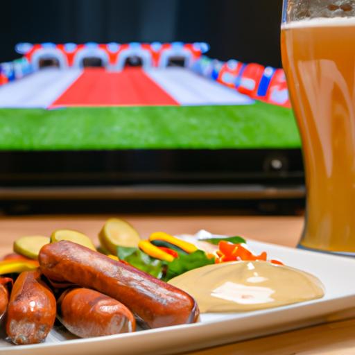 Sự kết hợp giữa xúc xích nướng và rau củ tươi sống cùng với sốt mù tạt và một ly bia lạnh là một lựa chọn tuyệt vời cho buổi xem bóng đá.
